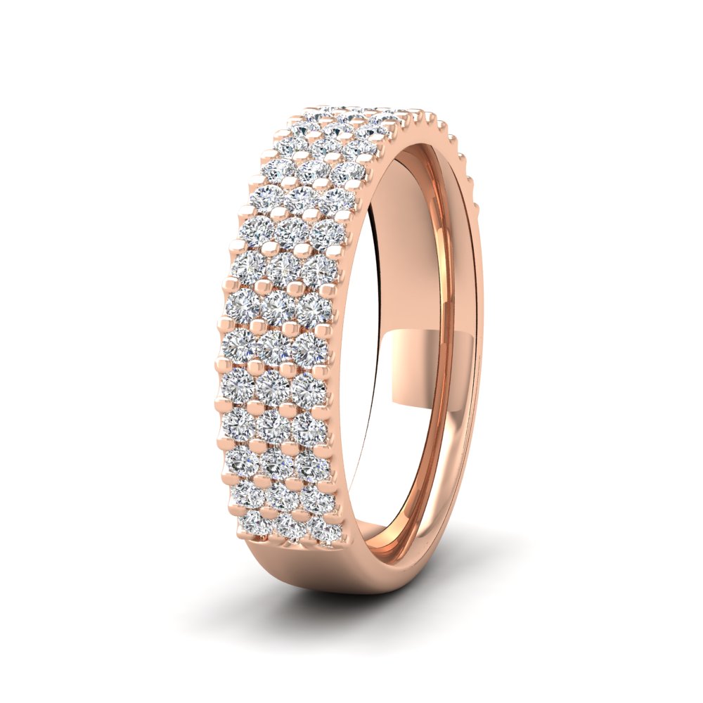 <p>18ct Rose Gold Three Row Round Claw 0.75ct Half Diamond Set Wedding Ring.  5mm Wide And Court Shaped For Comfortable Fitting</p>