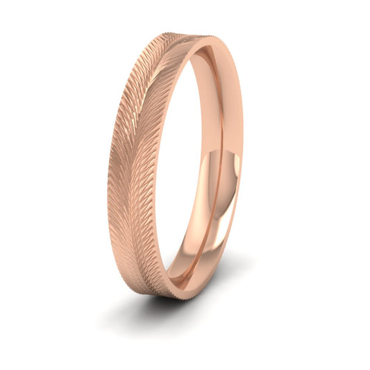 <p>9ct Rose Gold Feather Pattern Flat Wedding Ring.  4mm Wide And Court Shaped For Comfortable Fitting</p>