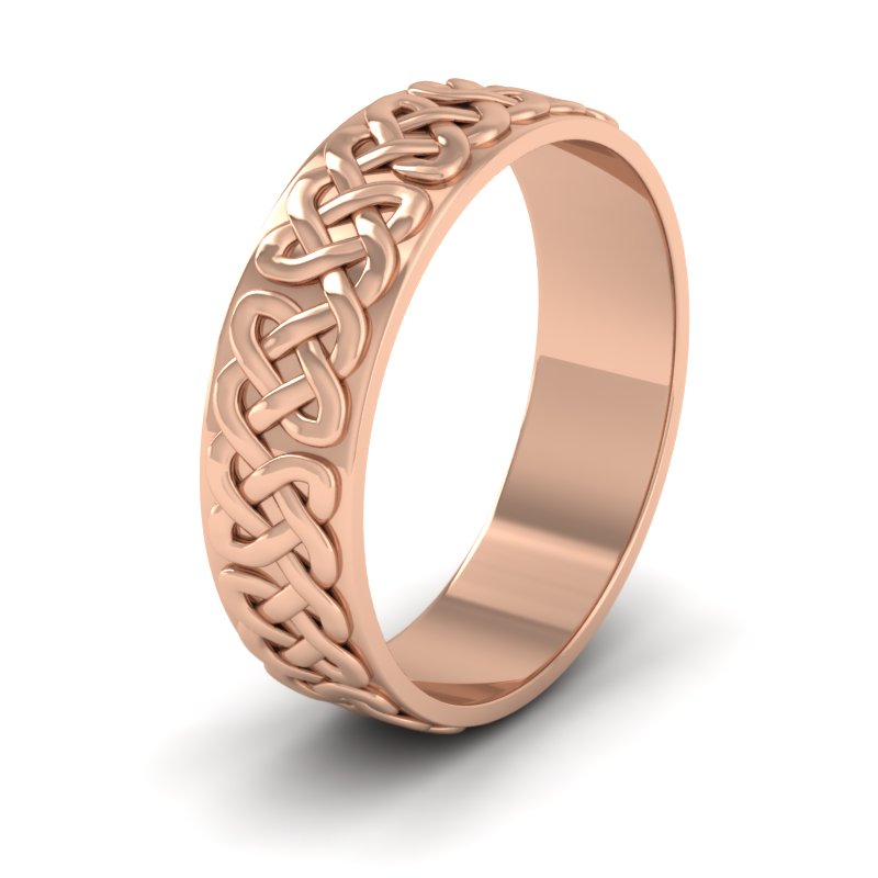 <p>Celtic Patterned Flat Wedding Ring In 18ct Rose Gold .  6mm Wide </p>