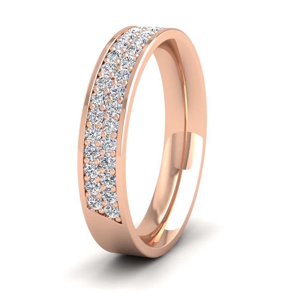 <p>18ct Rose Gold Two Row 0.5ct Half Diamond Set Pave Flat Wedding Ring. 4mm Wide And Court Shaped For Comfortable Fitting</p>