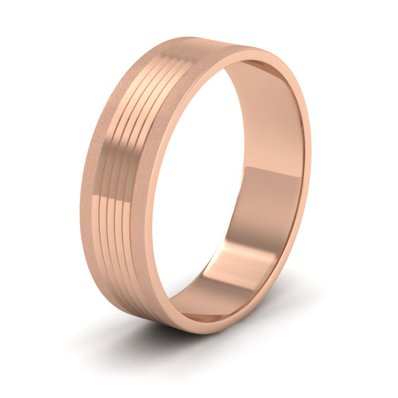 Grooved Pattern 9ct Rose Gold 6mm Flat Wedding Ring