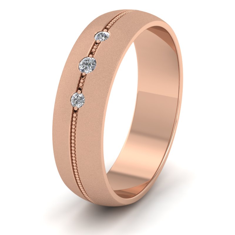 Three Diamond And Centre Millgrain Pattern 18ct Rose Gold 6mm Wedding Ring