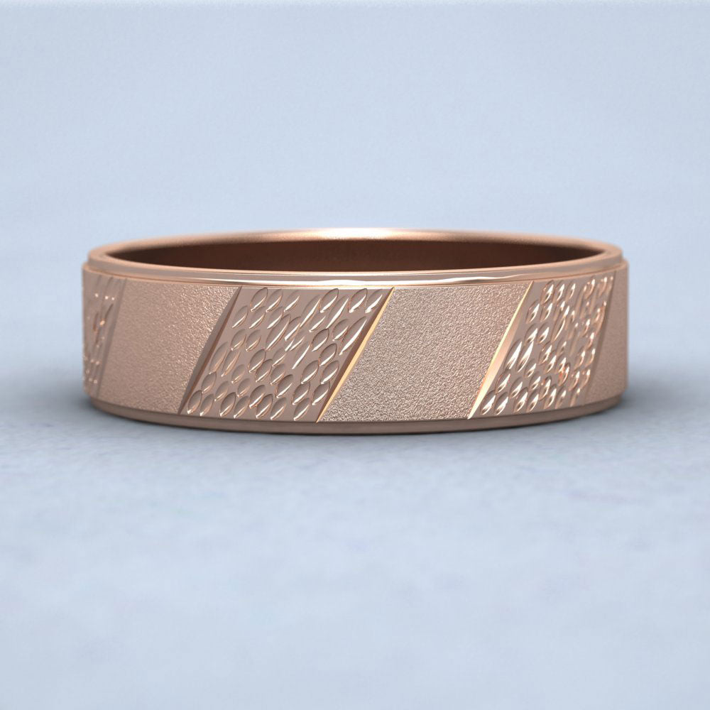 Diagonal Matt And Patterned 9ct Rose Gold 6mm Wedding Ring Down View
