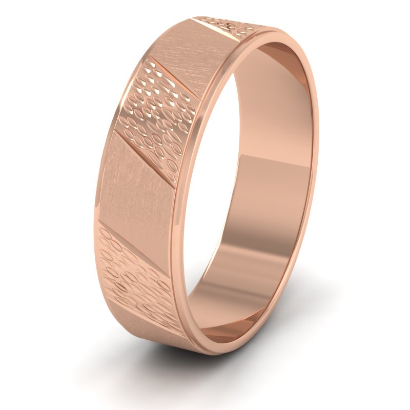 Diagonal Matt And Patterned 9ct Rose Gold 6mm Wedding Ring