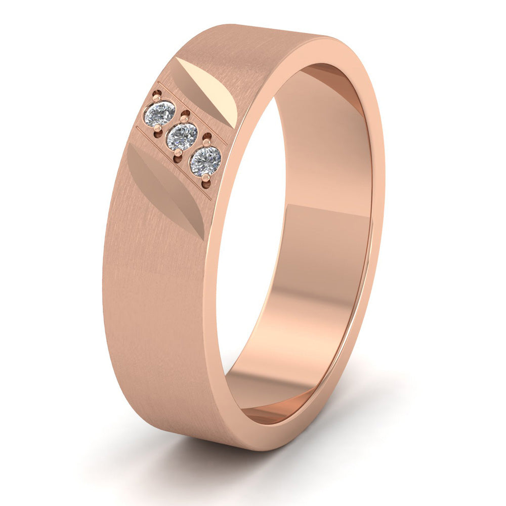 Diagonal Cut And Diamond Set 9ct Rose Gold 6mm Flat Wedding Ring