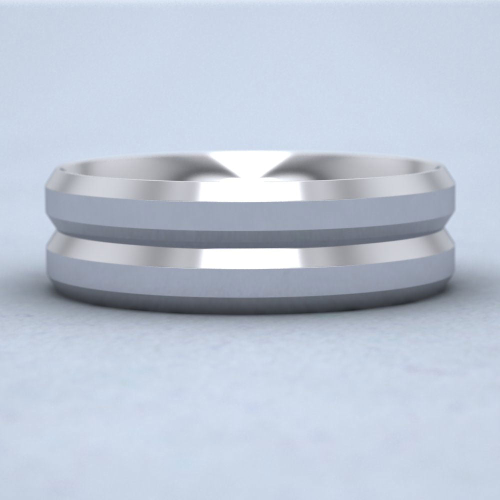 Bevelled Line Patterned 14ct White Gold 7mm Wedding Ring Down View