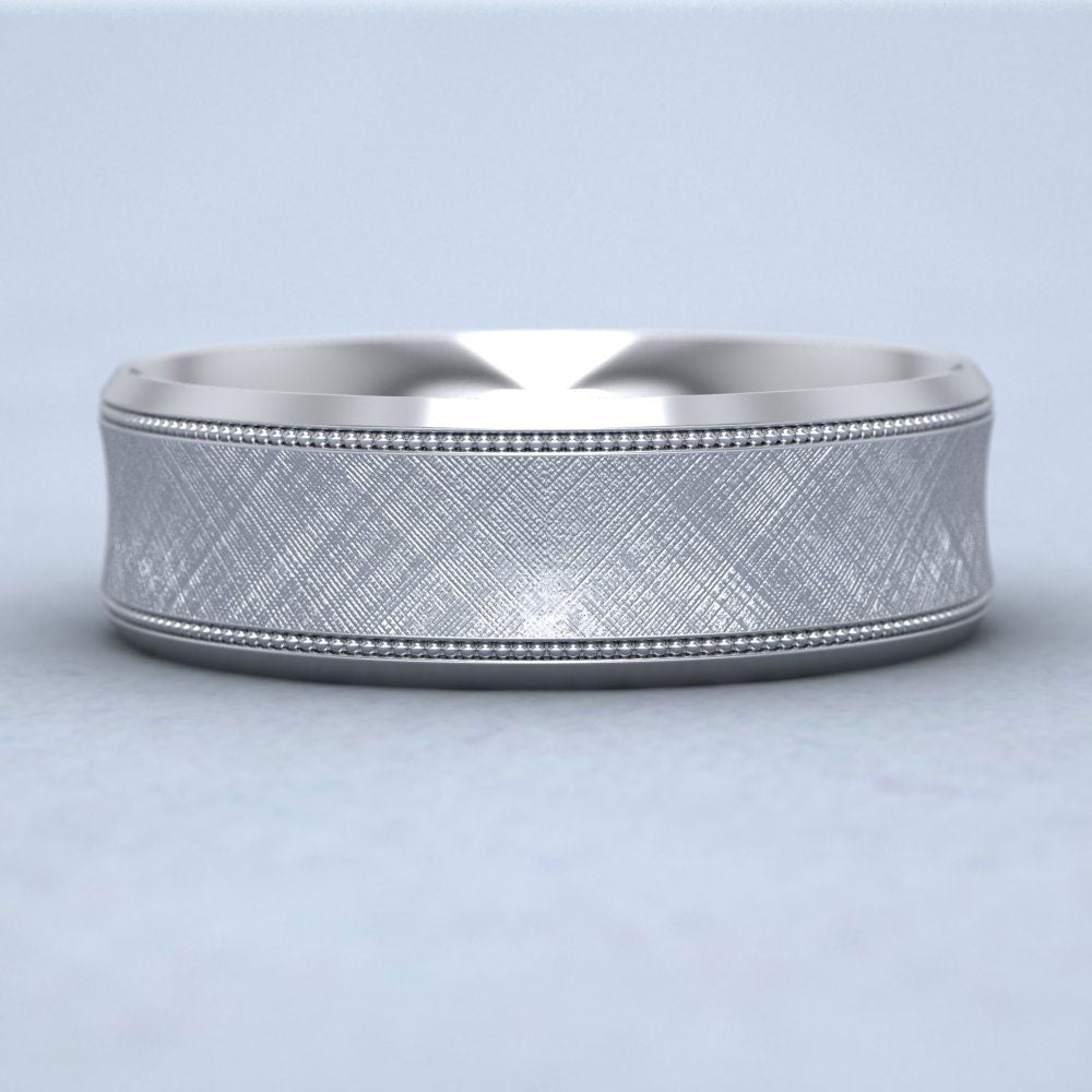 Hatched Centre And Millgrain Patterned 14ct White Gold 7mm Wedding Ring Down View