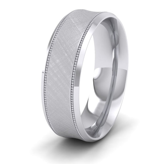 Hatched Centre And Millgrain Patterned 14ct White Gold 7mm Wedding Ring