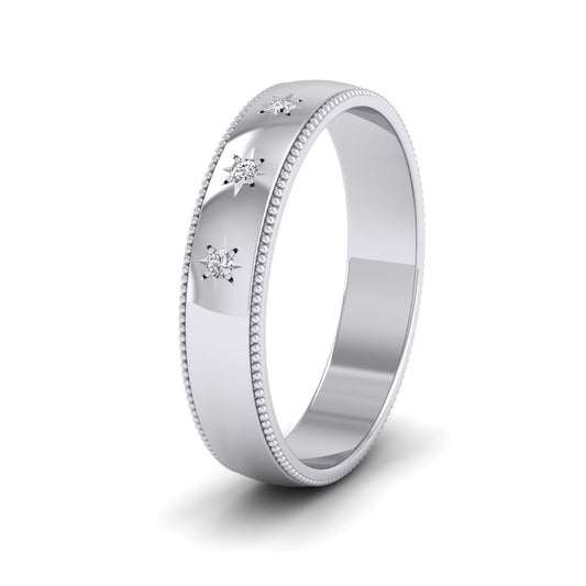 Millgrained Edge And Three Star Diamond Set 18ct White Gold 4mm Wedding Ring
