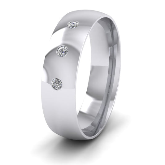 Three Diamond Flush Set Sterling Silver 6mm Wedding Ring