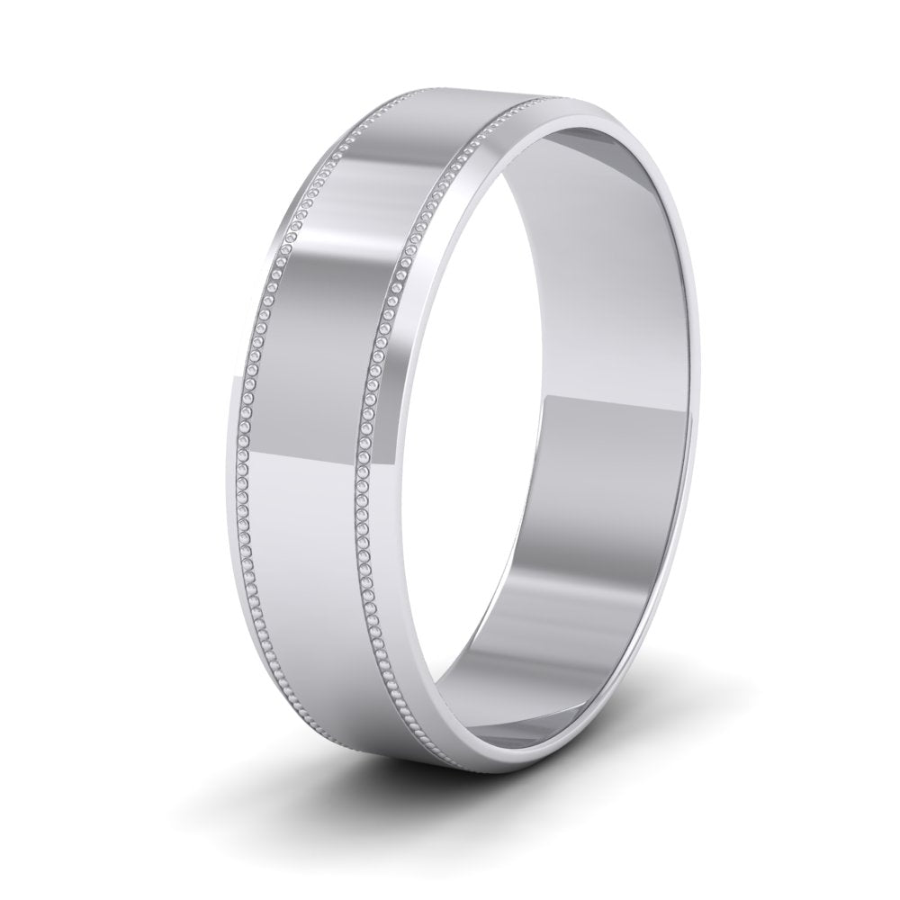 Bevelled Edge And Millgrain Pattern 9ct White Gold 6mm Flat Wedding Ring