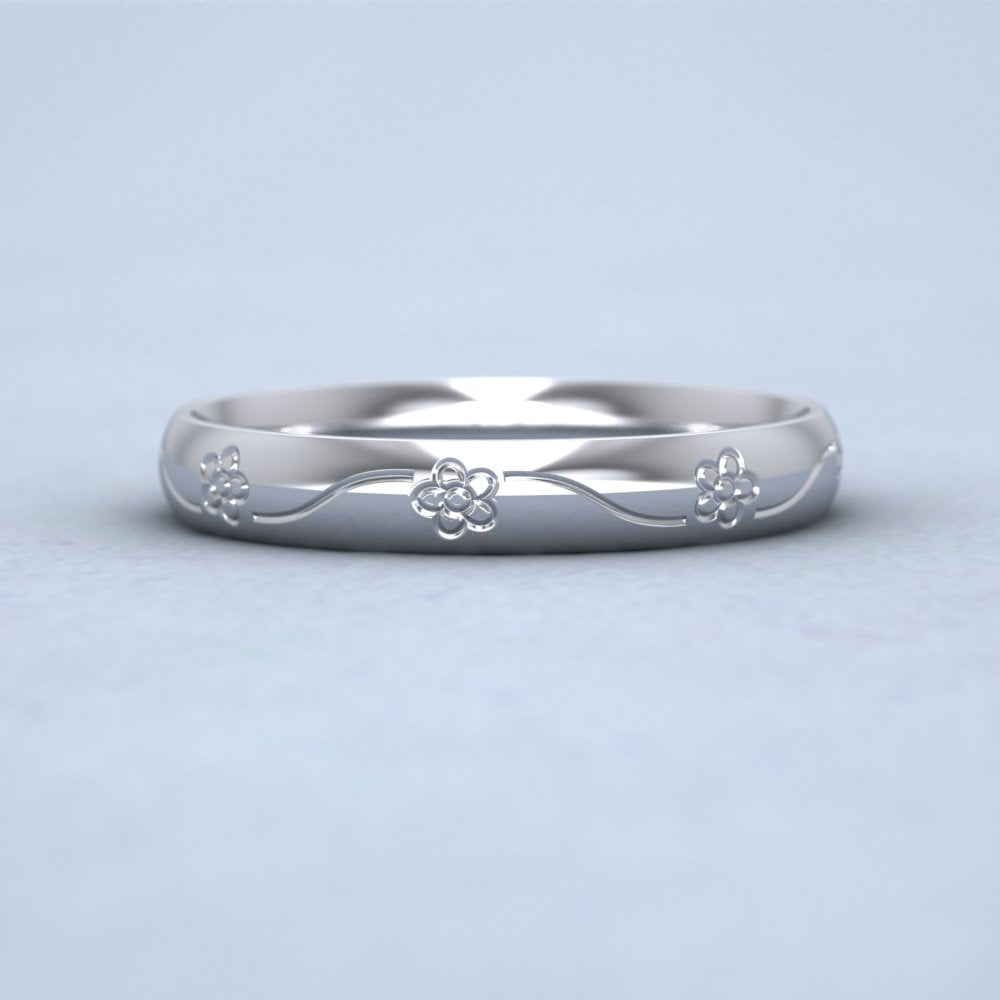 Engraved Flower Sterling Silver 3mm Wedding Ring Down View