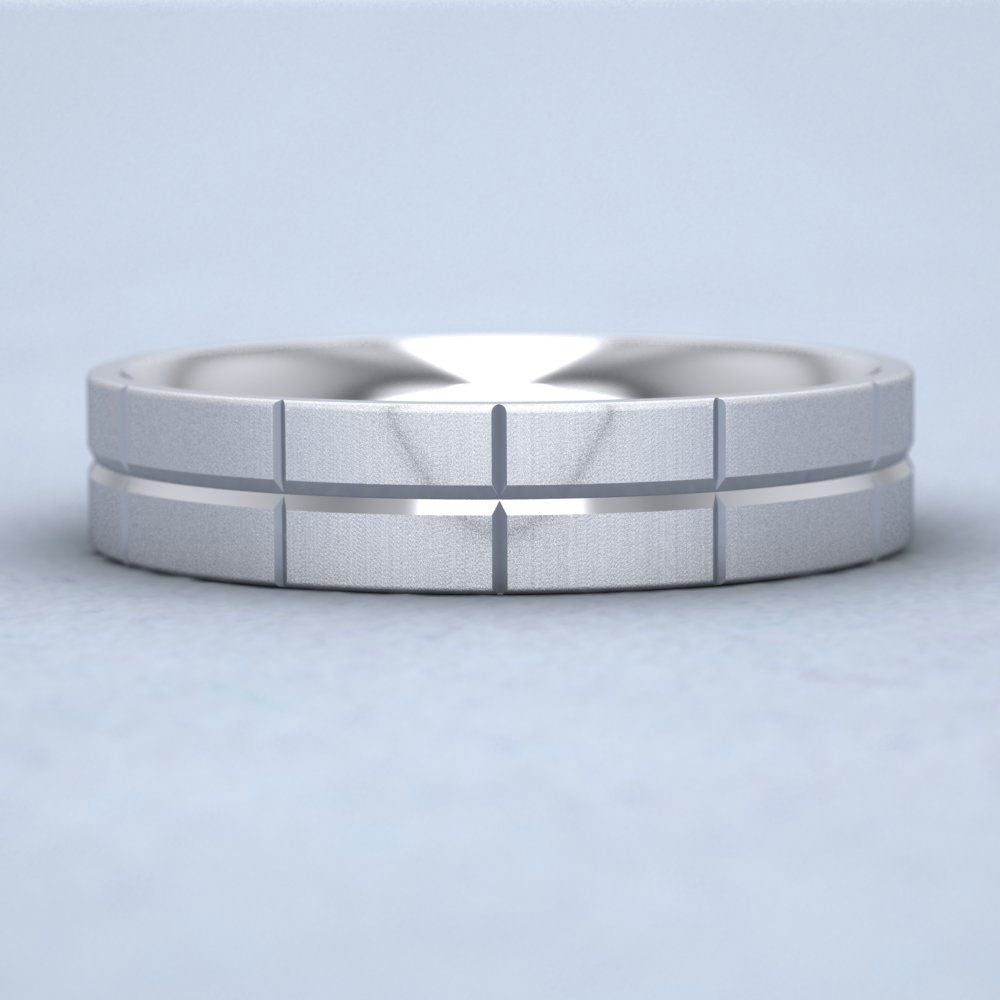 Cross Line Patterned 950 Platinum 5mm Flat Comfort Fit Wedding Ring Down View