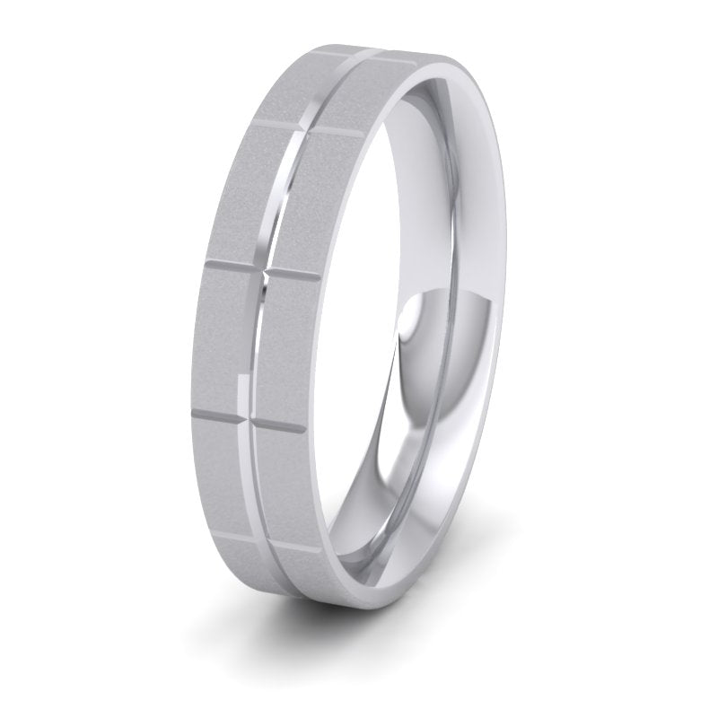 Cross Line Patterned 950 Platinum 5mm Flat Comfort Fit Wedding Ring