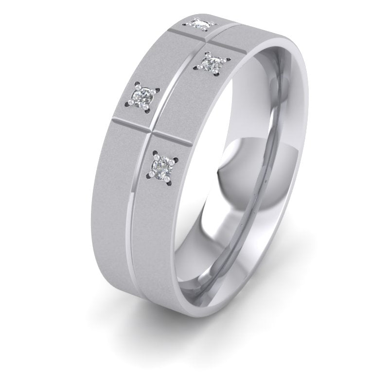 Cross Line Patterned And Diamond Set 9ct White Gold 7mm Flat Comfort Fit Wedding Ring