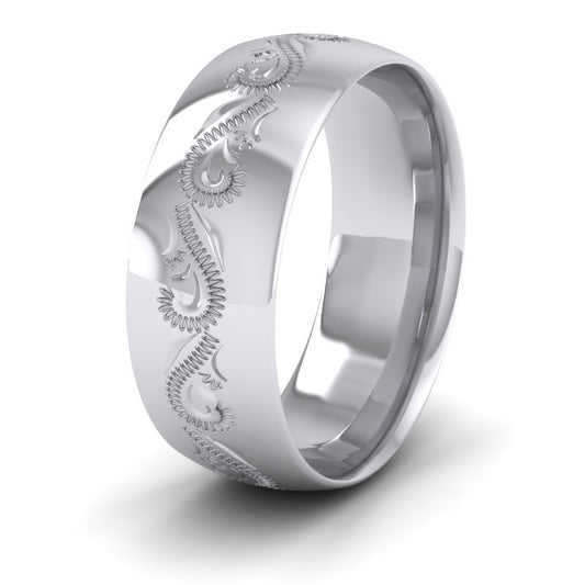 Engraved Court Shape 18ct White Gold 8mm Wedding Ring