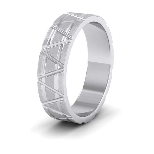 <p>18ct White Gold Zig Zag And Groove Pattern Flat Wedding Ring.  5mm Wide (Shown With A Matt Finish)</p>