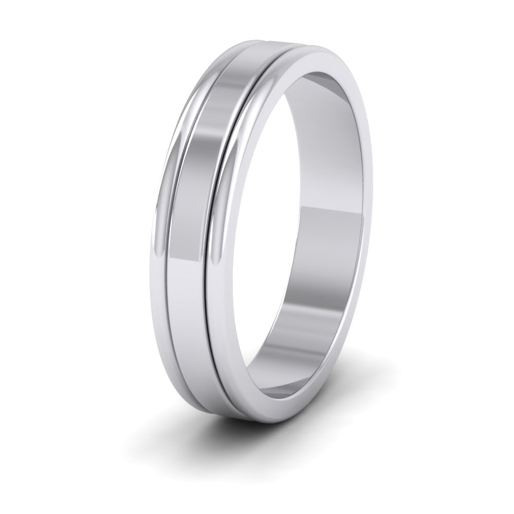 <p>500 Palladium Rounded Edge Grooved Pattern Flat Wedding Ring.  4mm Wide </p>