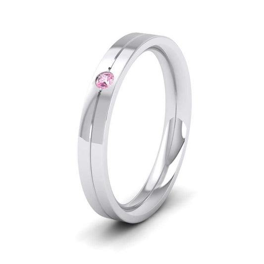 <p>14ct White Gold Pink Sapphire Set Flat Wedding Ring With Line Pattern.  3mm Wide And Court Shaped For Comfortable Fitting</p>