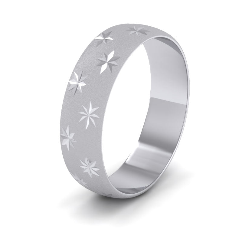 Star Patterned 9ct White Gold 6mm Wedding Ring