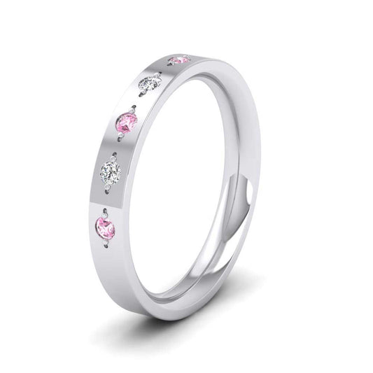 <p>14ct White Gold Diamond And Pink Sapphire Set Flat Wedding Ring.  3mm Wide And Court Shaped For Comfortable Fitting</p>