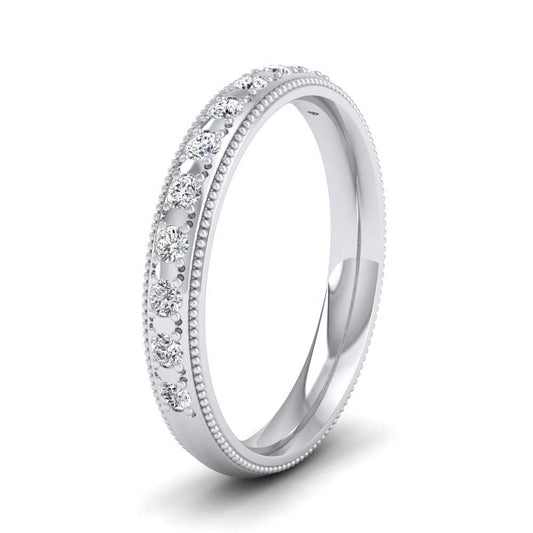 <p>14ct White Gold Diamond Set (0.24ct) With Millgrain Edge Wedding Ring.  3mm Wide And Court Shaped For Comfortable Fitting</p>