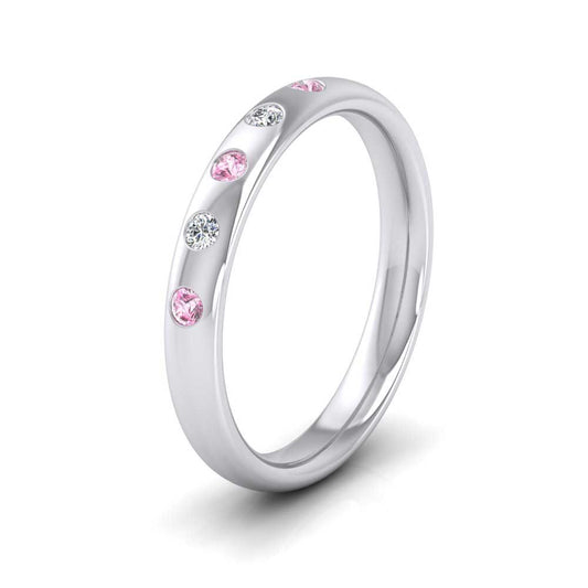 <p>14ct White Gold Pink Sapphire And Diamond Flush Set Wedding Ring.  3mm Wide And Court Shaped For Comfortable Fitting</p>