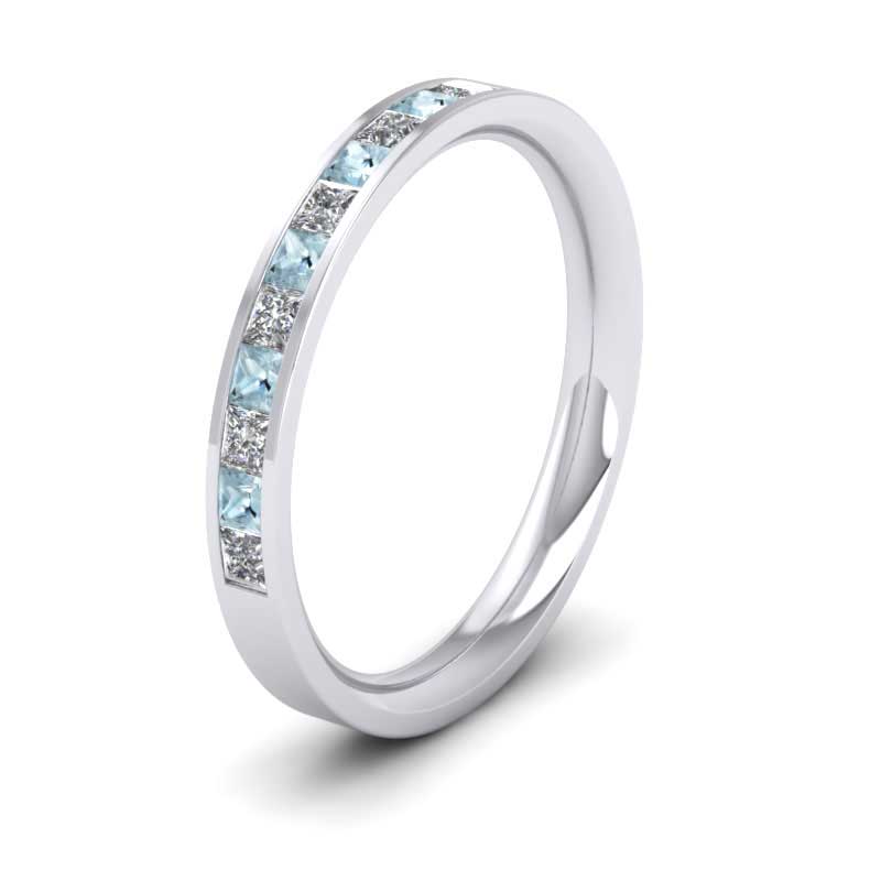 <p>9ct White Gold Channel Set Diamond And Aquamarine (0.48ct) Flat Wedding Ring.  25mm Wide And Court Shaped For Comfortable Fitting</p>