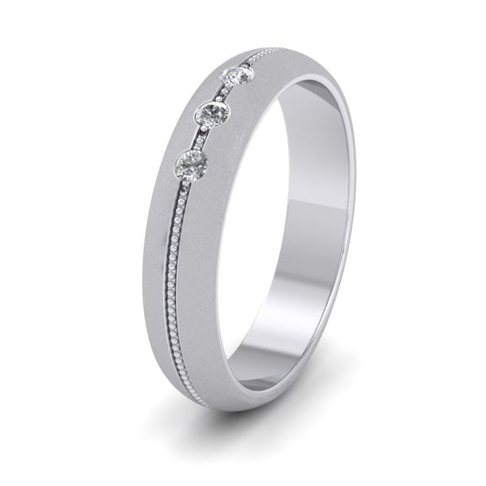 Three Diamond And Centre Millgrain Pattern 14ct White Gold 4mm Wedding Ring