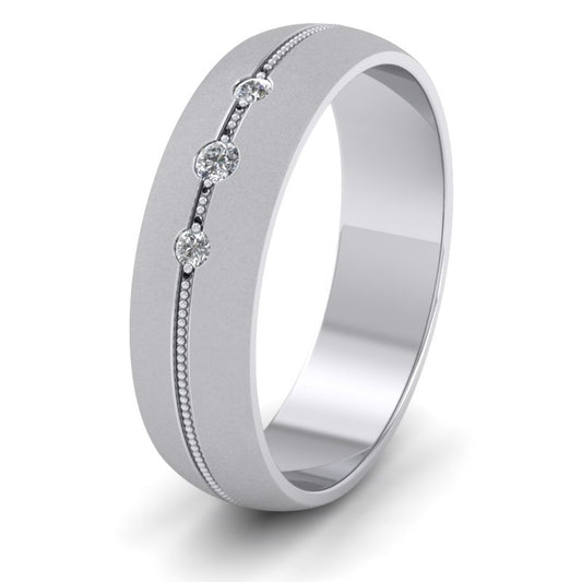 Three Diamond And Centre Millgrain Pattern 14ct White Gold 6mm Wedding Ring