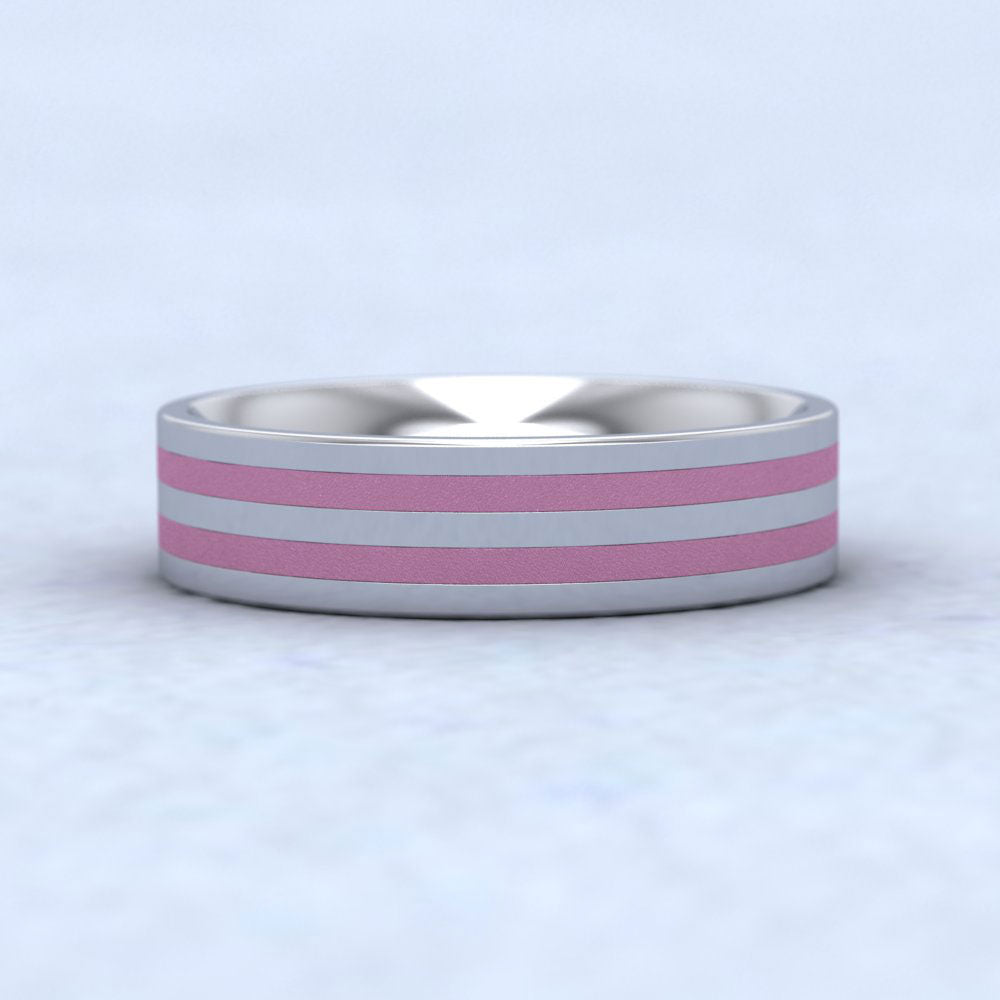 Pink Line Enamelled 18ct White Gold 5mm Wedding Ring Down View