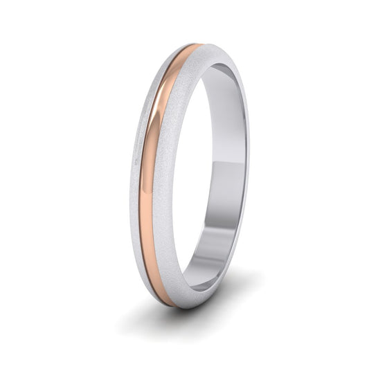 <p>9ct White And Rose Gold Recessed Centre Two Colour D Shape Wedding Ring.  3mm Wide With Matt Edges And A Polished Centre</p>