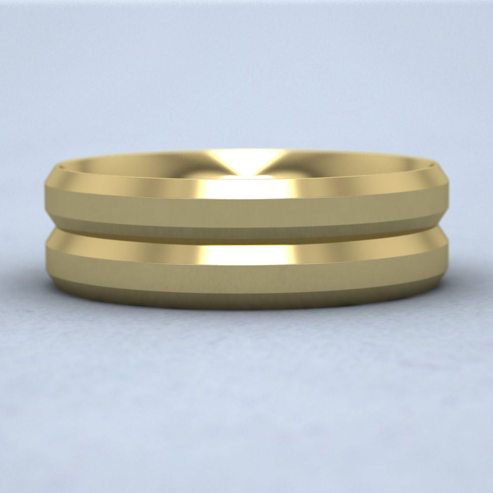Bevelled Line Patterned 18ct Yellow Gold 7mm Wedding Ring Down View