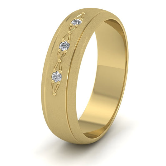 Three Diamond Set 18ct Yellow Gold 6mm Wedding Ring With Lines