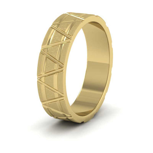 <p>18ct Yellow Gold Zig Zag And Groove Pattern Flat Wedding Ring.  5mm Wide (Shown With A Matt Finish)</p>