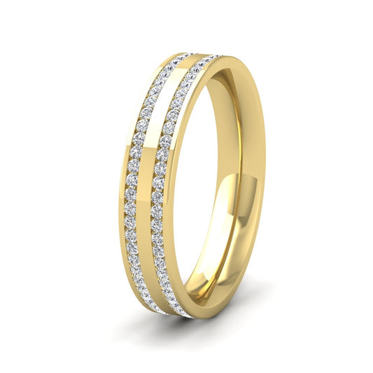 <p>9ct Yellow Gold Two Row Full Channel 0.5ct Diamond Set Ring.  4mm Wide And Court Shaped For Comfortable Fitting</p>