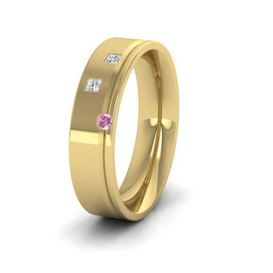 <p>14ct Yellow Gold Princess Cut Diamond And Pink Sapphire Set Flat Wedding Ring.  5mm Wide And Court Shaped For Comfortable Fitting</p>
