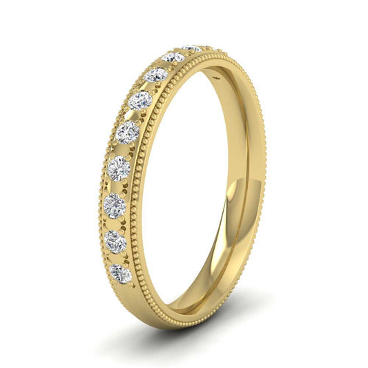 <p>22ct Yellow Gold Diamond Set (0.24ct) With Millgrain Edge Wedding Ring.  3mm Wide And Court Shaped For Comfortable Fitting</p>