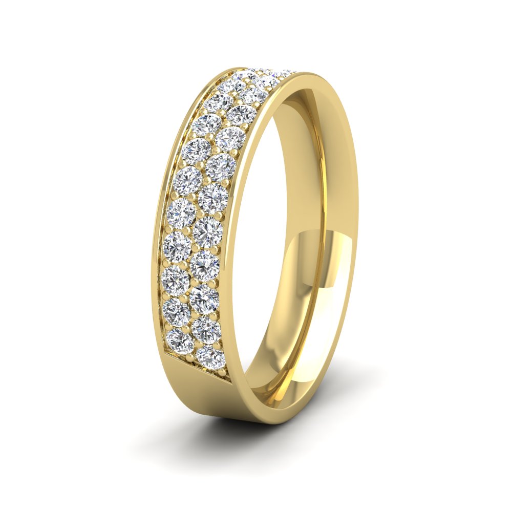 <p>18ct Yellow Gold Two Row 0.68ct Half Diamond Set Pave Flat Wedding Ring. 45mm Wide And Court Shaped For Comfortable Fitting</p>