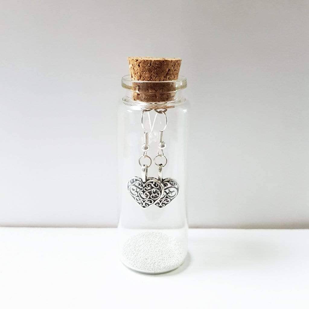 Filigree Heart Earrings in a Bottle