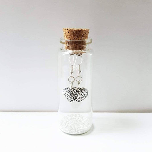 Filigree Heart Earrings in a Bottle