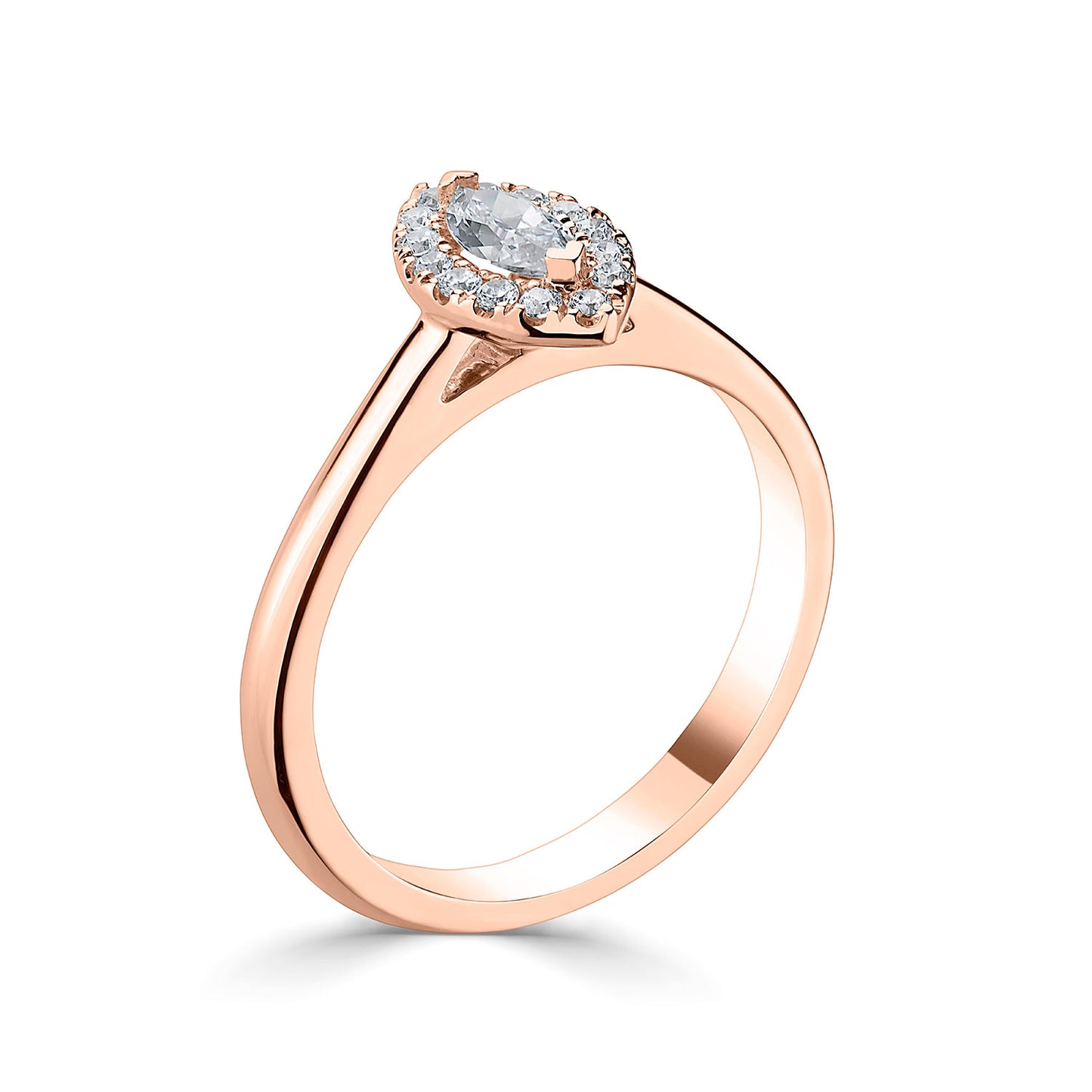 18ct Rose Gold Marquise Halo Style Diamond Ring With Plain shoulders