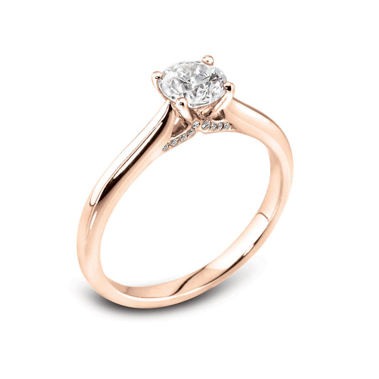 18ct Rose Gold Four Claw Diamond Set Solitaire Diamond Ring With Diamond Head Embelishment