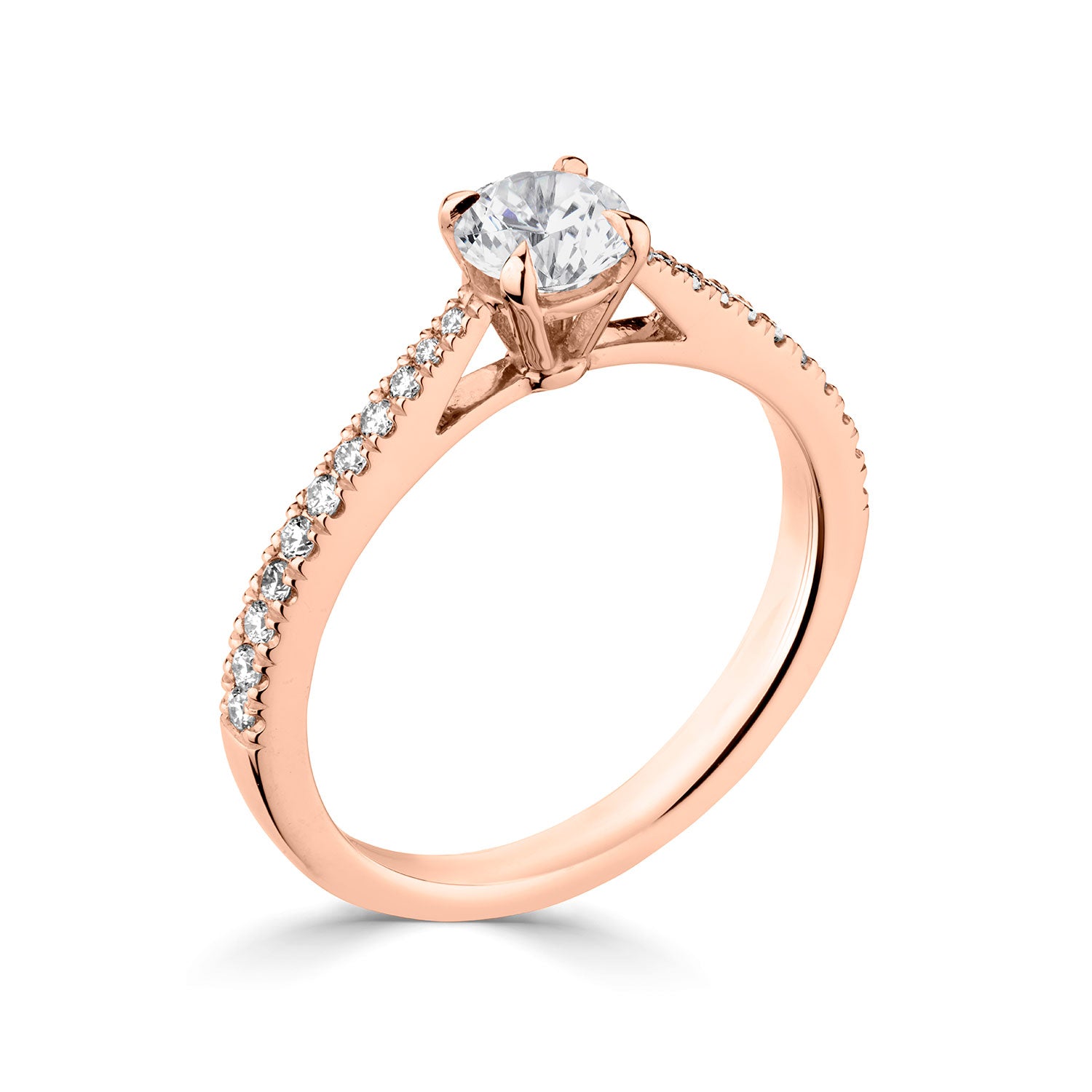 18ct Rose Gold Diamond Ring With Grain Set Diamond Shoulders