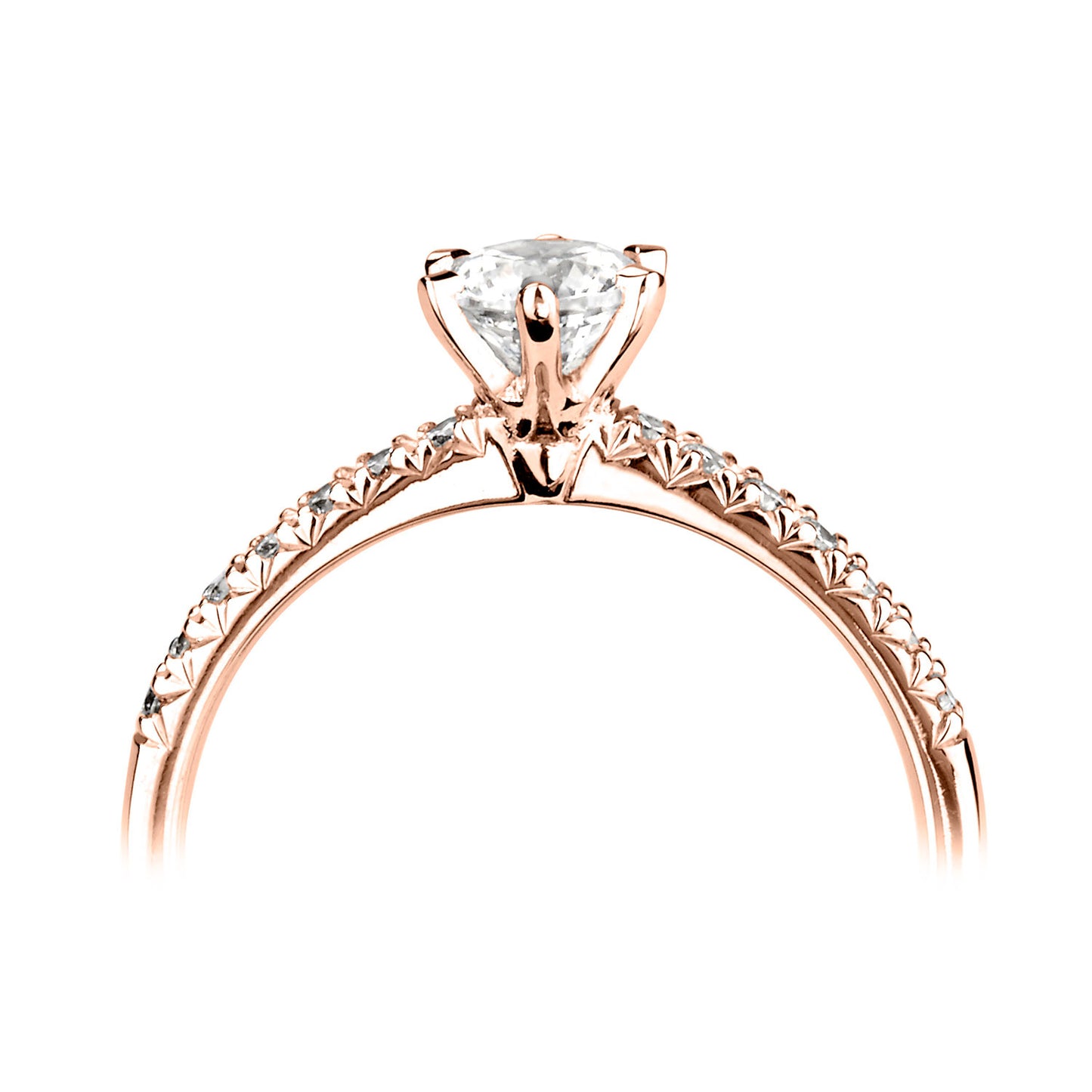 18ct Rose Gold Six Claw Diamond Ring With Diamond Shoulders