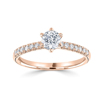 18ct Rose Gold Six Claw Diamond Ring With Diamond Shoulders
