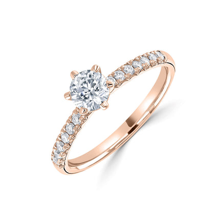 18ct Rose Gold Six Claw Diamond Ring With Diamond Shoulders