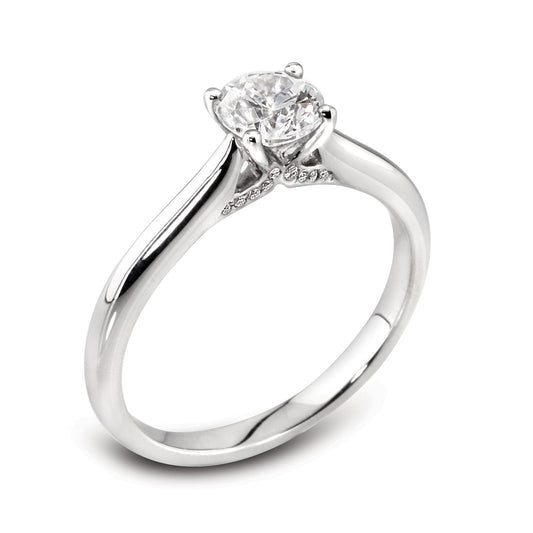 18ct White Gold Four Claw Diamond Set Solitaire Diamond Ring With Diamond Head Embelishment