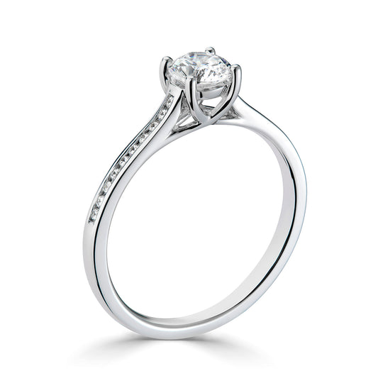 18ct White Gold Diamond Ring With Channel Set Diamond Shoulders