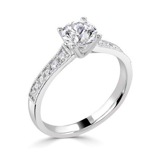 18ct White Gold Four Claw Diamond Ring With Milgrain And Diamond Shoulders
